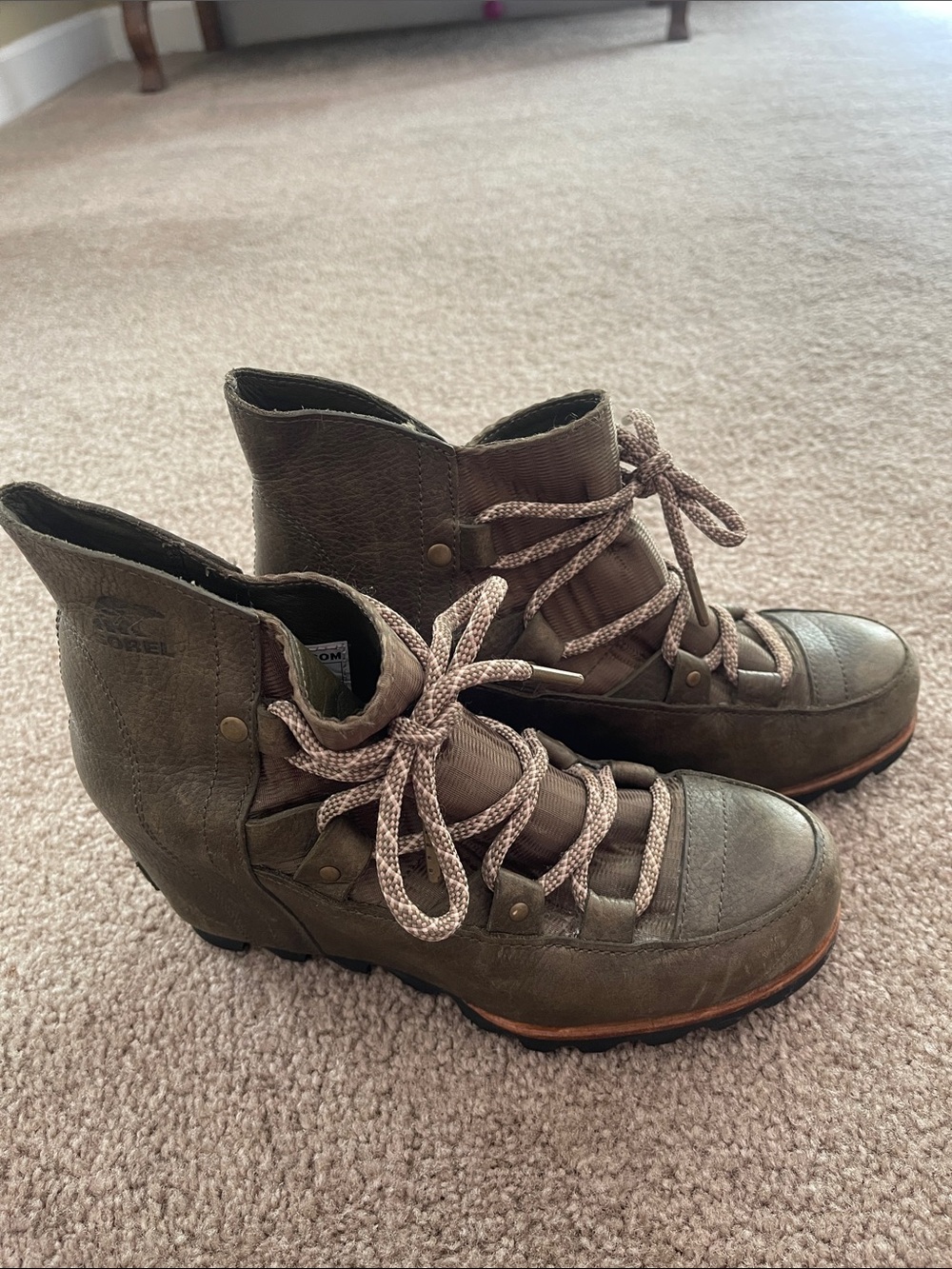 Sorel Olive Green Lace-Up Wedge Ankle Boots
